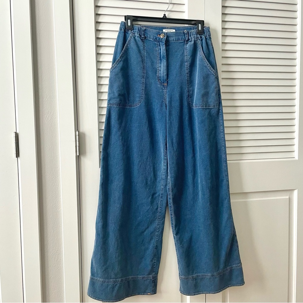 Max Studio Wide Leg High Rise Elastic Waist Indigo Cotton Pants. Size Small
